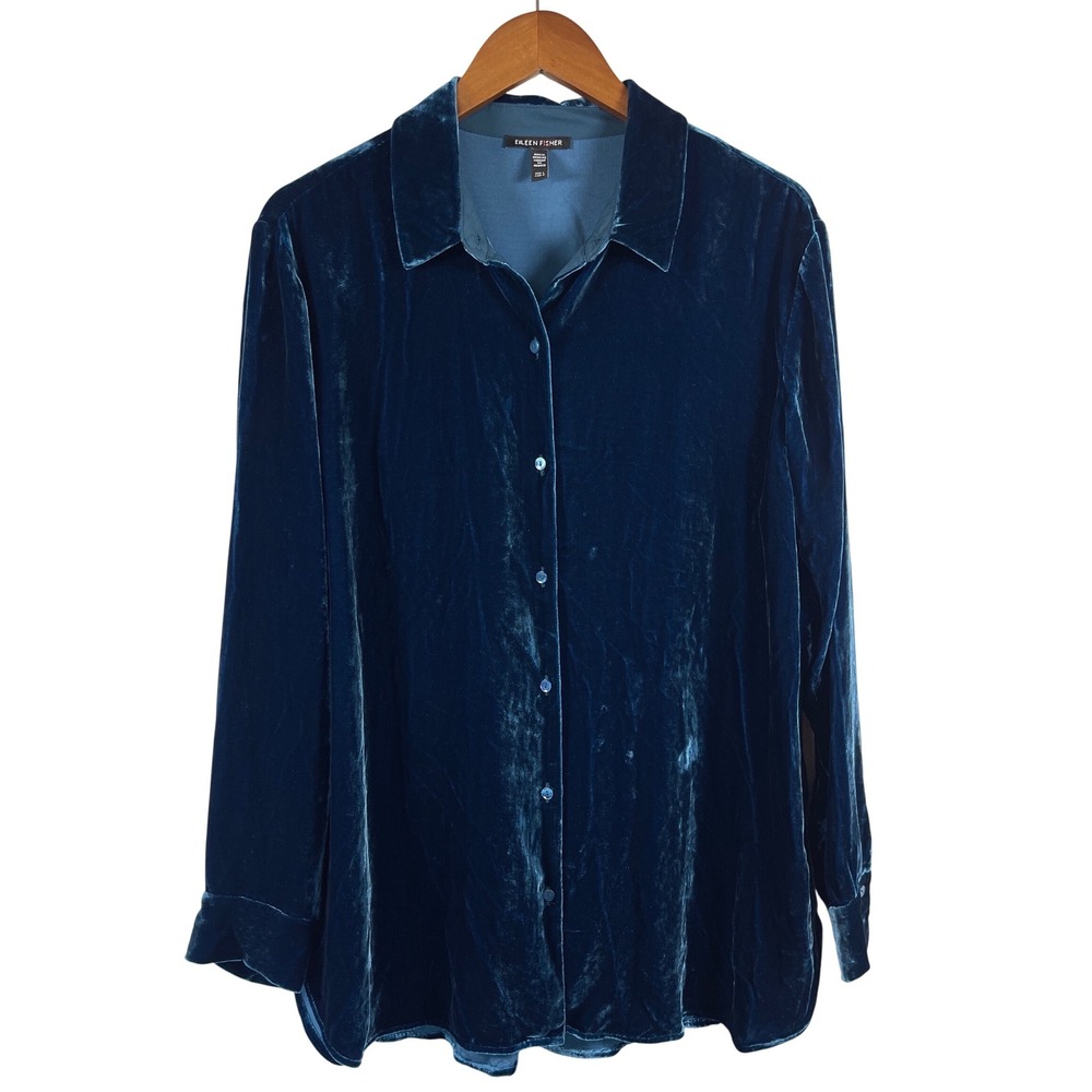 Eileen Fisher Silk Blend Velvet Button Down Shirt L Teal Quiet Luxury Evening